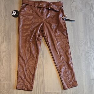 Womens Faux Leather Paperbag Waist Pants in Brown with Belt